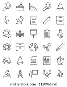 thin line vector icon set - copybook vector, pen, university, blackboard, corner ruler, drawing compass, glasses, student, atom, microscope, bell, alarm clock, paper pin, award cup, medal, scissors