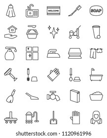thin line vector icon set - soap vector, scraper, cleaner trolley, broom, vacuum, scoop, sponge, towel, trash bin, water tap, car fetlock, shining, welcome mat, iron, bath, drying clothes, liquid