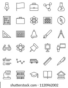 thin line vector icon set - book vector, graduate hat, pen, blackboard, corner ruler, drawing compass, glasses, case, atom, bell, table lamp, schedule, paper pin, school bus, abacus, presentation