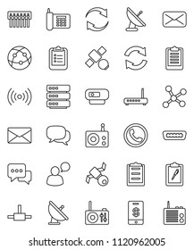 thin line vector icon set - clipboard vector, satellite, phone, antenna, radio, internet, dialog, speaking man, mail, hdmi, connect, network, big data, hub, refresh, wireless, tap pay, web camera