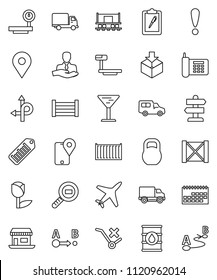 thin line vector icon set - route vector, signpost, map pin, Railway carriage, attention, office, plane, phone, client, traking, sea container, delivery, car, calendar, wood box, clipboard, glass