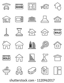 thin line vector icon set - plunger vector, mop, sponge, car fetlock, sink, cleaner woman, dry cargo, warehouse, home, cottage, garage, plan, estate document, rooms signboard, sold, office building