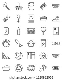 thin line vector icon set - vacuum cleaner vector, window cleaning, foam basin, plates, colander, ladle, cookbook, jug, corner ruler, punching bag, enegry drink, calendar, internet, dna, connection