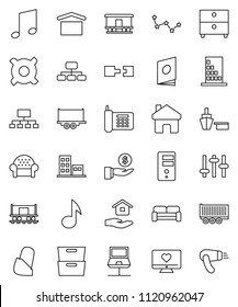 thin line vector icon set - house hold vector, music, archive, constellation, investment, hierarchy, any currency, heart monitor, Railway carriage, phone, truck trailer, port, dry cargo, settings
