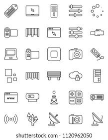 thin line vector icon set - notebook pc vector, barcode, camera, antenna, stop button, cloud lock, browser, equalizer, lan connector, bench, loading, route arrow, wireless, calculator, video, web