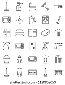 thin line vector icon set - plunger vector, scraper, broom, fetlock, mop, bucket, sponge, towel, trash bin, window cleaning, welcome mat, bath, drying clothes, washer, liquid soap, shining, shower