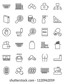 thin line vector icon set - toilet vector, washing powder, sprayer, colander, plates, jar, pasta, corner ruler, coin stack, money search, buttocks, pills, stadium, satellite, truck trailer, stop