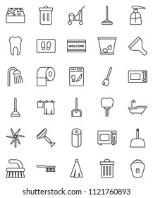 thin line vector icon set - plunger vector, scraper, cleaner trolley, broom, fetlock, mop, scoop, sponge, trash bin, welcome mat, bath, drying clothes, liquid soap, toilet paper, shower, towel