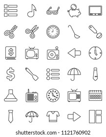 thin line vector icon set - spatula vector, ladle, glasses, scissors, music, piggy bank, annual report, clock, tie, calendar, dollar sign, t shirt, umbrella, radio, arrow, tv, menu, hood, window
