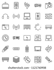 thin line vector icon set - notebook pc vector, laptop graph, clock, music hit, remote control, headphones, hdmi, big data, browser, equalizer, lan connector, bench, loading, route arrow, wireless