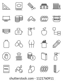 thin line vector icon set - washing powder vector, sprayer, plates, cookbook, jar, pasta, pencil, corner ruler, apple fruit, coin stack, stadium, buttocks, pills, satellite, truck trailer, hierarchy