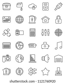 thin line vector icon set - kettle vector, mixer, music, world, exchange, calculator, target, calendar, earth, satellite, speaker, settings, video camera, hdmi, cloud lock, globe, barn, building