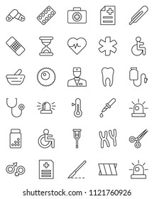 thin line vector icon set - thermometer vector, heart pulse, pills vial, first aid kit, ambulance star, disabled, doctor, gender sign, dropper, crutches, scissors, scalpel, sand clock, patch, mortar