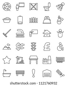 thin line vector icon set - fetlock vector, rake, toilet, foam basin, kettle, apron, blackboard, exchange, pound, shuttlecock, attention, traffic light, truck trailer, wood box, film spool, battery