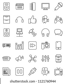 thin line vector icon set - cinema clap vector, microphone, satellitie, newspaper, loudspeaker, gamepad, settings, equalizer, video camera, mobile phone, dialog, headphones, monitor, speaker, hdmi