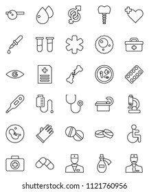 thin line vector icon set - rubber glove vector, first aid kit, doctor bag, ambulance star, disabled, heart cross, thermometer, vial, eye, gender sign, pregnancy, dropper, broken bone, stethoscope