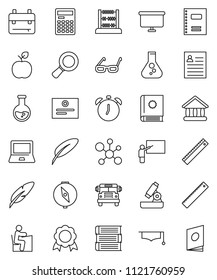 thin line vector icon set - book vector, copybook, graduate hat, pen, blackboard, ruler, glasses, student, backpack, apple fruit, microscope, calculator, notebook pc, alarm clock, compass, medal