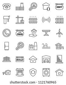 thin line vector icon set - house hold vector, cottage, pool, windmill, water supply, garage, rent signboard, sold, low price, office building, search estate, client, crib, table, washer, love home