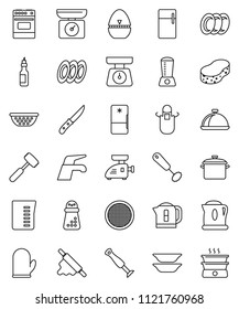 thin line vector icon set - water tap vector, sponge, plates, pan, colander, measuring cup, scales, apron, cook glove, timer, whisk, knife, rolling pin, meat hammer, hand mill, oven, sieve, dish
