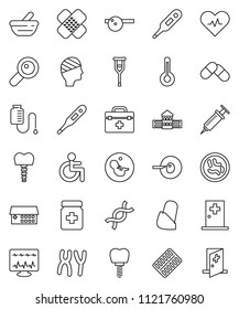thin line vector icon set - school building vector, doctor bag, disabled, heart pulse, thermometer, dna, magnifier, pregnancy, insemination, syringe, crutches, patch, pills, bottle, blister, mortar