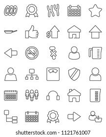 thin line vector icon set - pan vector, measuring cup, plates, medal, dollar growth, man, arrow up, calendar, scales, no smoking, hook, headphones, finger, chromosomes, shield, home, hierarchy, user
