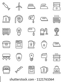 thin line vector icon set - vacuum cleaner vector, iron, kettle, mixer, oven, double boiler, windmill, power plug, multi cooker, epilator, blender, air conditioner, fan, heater, bulb, fireplace