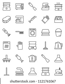 thin line vector icon set - vacuum cleaner vector, fetlock, mop, bucket, sponge, rubber glove, kettle, spatula, microwave oven, double boiler, blender, washer, dishwasher, coffee maker, hood