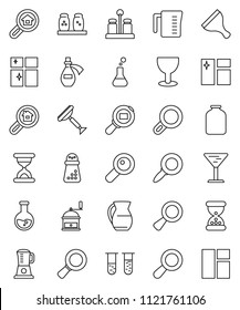 thin line vector icon set - scraper vector, window cleaning, shining, measuring cup, hand mill, spices, jug, jar, magnifier, flask, glass, cargo search, vial, sand clock, potion, estate, blender