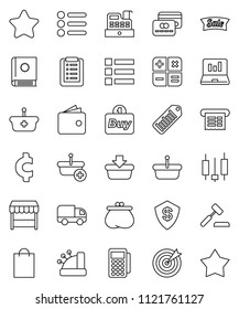 thin line vector icon set - japanese candle vector, laptop graph, wallet, cent sign, barcode, credit card, star, sale, shopping bag, market, target, buy, reader, cashbox, receipt, basket, list, menu