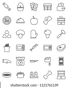 thin line vector icon set - pan vector, cook glove, timer, meat hammer, mixer, spices, blender, sieve, dish, cereal, pasta, mushroom, steak, diet, breads, no fastfood, bone, broken, market, toaster