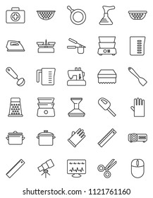 thin line vector icon set - plunger vector, sponge, car fetlock, iron, rubber glove, pan, colander, measuring cup, cook press, spatula, ladle, grater, double boiler, ruler, telescope, first aid kit