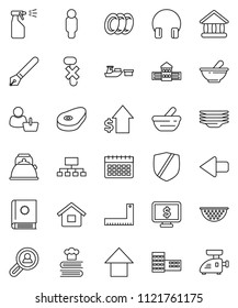 thin line vector icon set - sprayer vector, plates, kettle, colander, cookbook, steak, pen, school building, corner ruler, university, dollar growth, man, arrow up, hierarchy, monitor, calendar