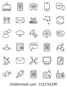 thin line vector icon set - clipboard vector, satellite, phone, radio, antenna, satellitie, loudspeaker, mobile, dialog, speaking man, hdmi, connect, network, server, lan connector, message, refresh