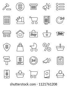 thin line vector icon set - dollar coin vector, sale, 24 hour, shopping bag, percent, store, buy, card reader, cashbox, receipt, basket, cart, home, list, calculator, auction, catalog, loudspeaker