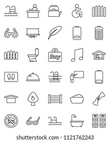 thin line vector icon set - welcome mat vector, toilet, foam basin, kettle, dish, pen, blackboard, glasses, student, music, pool, no fastfood, truck trailer, wood box, dry cargo, battery, disabled