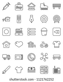 thin line vector icon set - bucket vector, microwave oven, pen, university, target, t shirt, roller Skates, gamepad, social media, heart, backward button, rec, syringe, bench, cottage, phone, cash