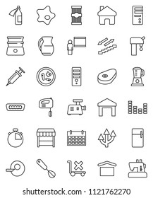 thin line vector icon set - splotch vector, whisk, double boiler, jug, pasta, steak, blackboard, stopwatch, calendar, stairways run, dry cargo, no trolley, warehouse, equalizer, hdmi, insemination