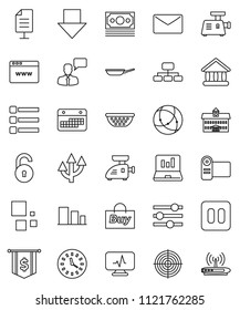thin line vector icon set - pan vector, colander, university, laptop graph, arrow down, dollar flag, hierarchy, target, money, clock, calendar, sorting, speaking man, pause button, connection, menu