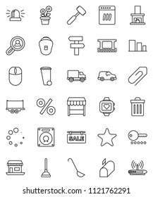 thin line vector icon set - plunger vector, trash bin, ladle, meat hammer, heart monitor, office, truck trailer, delivery, car, sorting, film frame, favorites, loading, attachment, siren, fireplace
