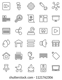 thin line vector icon set - window cleaning vector, welcome mat, water tap, ladle, cutting board, certificate, target, presentation, calendar, molecule, no hook, tulip, warehouse, flammable, barcode