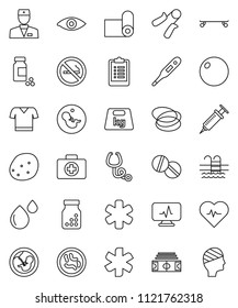 thin line vector icon set - potato vector, heart pulse, stadium, clipboard, pills vial, hand trainer, fitball, t shirt, skateboard, fitness mat, pool, no smoking, first aid kit, hoop, weight, doctor