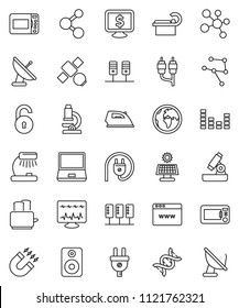 thin line vector icon set - iron vector, toaster, microscope, table lamp, magnet, monitor dollar, molecule, earth, satellite, equalizer, notebook pc, speaker, rca, dna, diagnostic, tomography