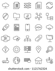 thin line vector icon set - calculator vector, world, document, map pin, mobile phone, social media, diagnostic monitor, network folder, server, cloud, lock, gear, equalizer, shield, firewall, home