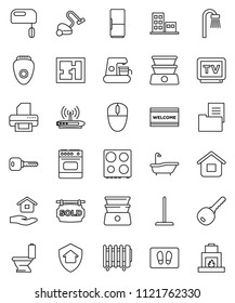 thin line vector icon set - vacuum cleaner vector, mop, welcome mat, bath, toilet, house hold, oven, double boiler, tv, key, plan, estate document, sold signboard, apartments, fridge, home protect