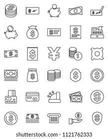thin line vector icon set - dollar coin vector, credit card, cash, money bag, piggy bank, investment, stack, check, shield, any currency, yen sign, receipt, cashbox