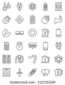 thin line vector icon set - kettle vector, atom, magnet, weight, hand trainer, muscule, boxing glove, gymnast rings, flammable, oil barrel, remote control, battery, rca, gear, windmill, power plug