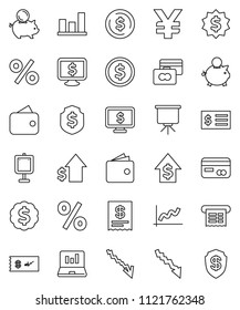 thin line vector icon set - presentation vector, dollar coin, graph, laptop, credit card, wallet, crisis, piggy bank, growth, receipt, medal, shield, monitor, yen sign, percent, check