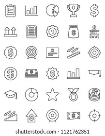thin line vector icon set - graduate hat vector, clipboard, award cup, certificate, graph, pie, dollar growth, bank building, target, medal, sign, stairways run, top, favorites, coin, cash