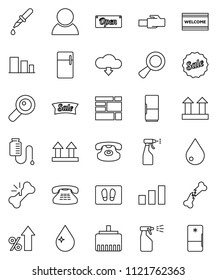 thin line vector icon set - water drop vector, welcome mat, sprayer, percent growth, consolidated cargo, top sign, sorting, classic phone, magnifier, dropper, broken bone, counter, lan connector