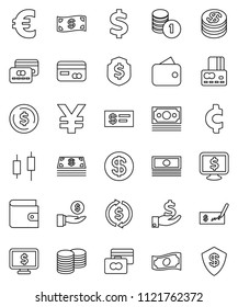 thin line vector icon set - exchange vector, dollar coin, japanese candle, credit card, wallet, cash, investment, stack, check, shield, monitor, euro sign, yen, cent, money